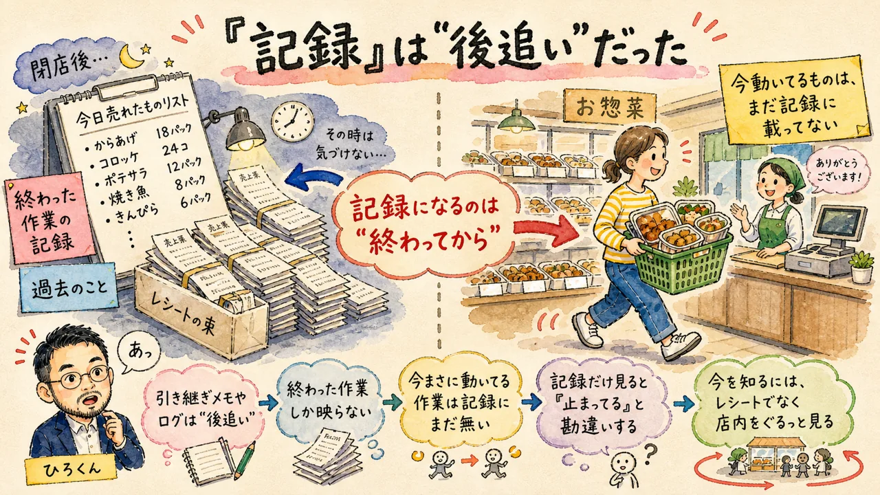 AIに進捗を任せたら「4日も止まってます」と断言された——でも実は全部動いてた話|分身AI日記 DAY105 引き継ぎログは終わった作業の記録で、今まさに動いている作業は記録に映らないことを惣菜屋のレシートとレジのカゴで表したグラレコ