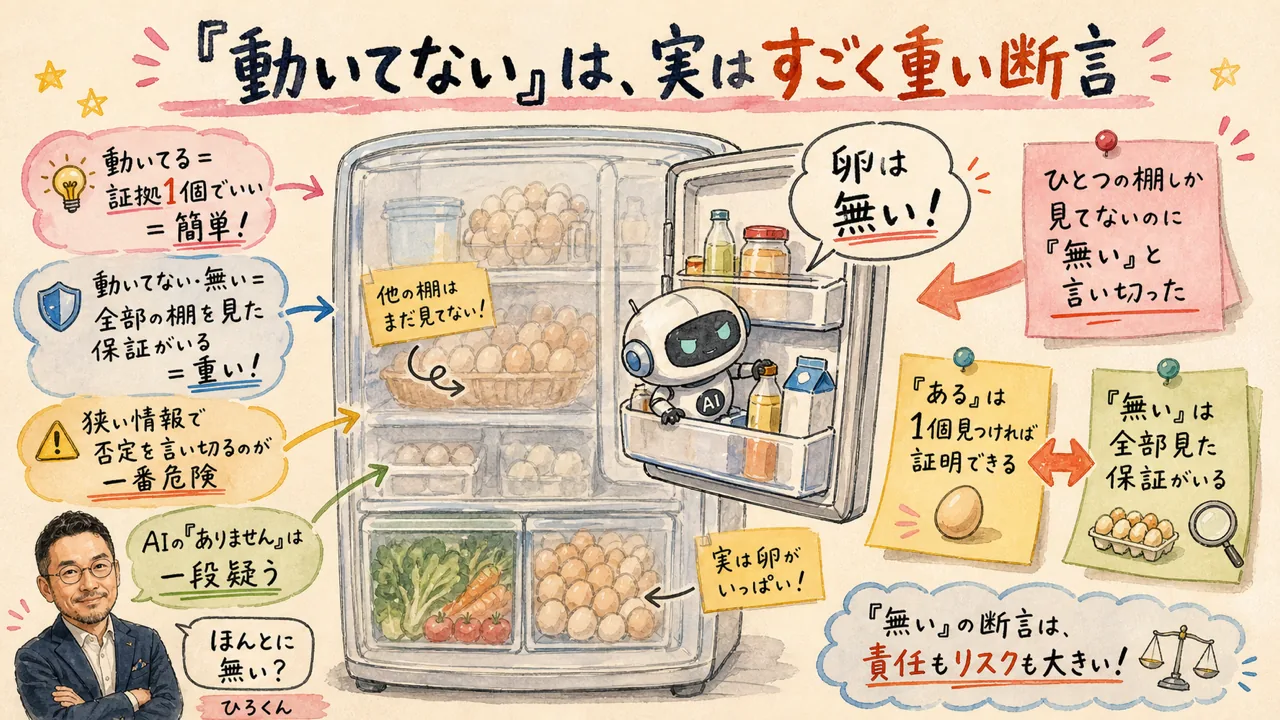 AIに進捗を任せたら「4日も止まってます」と断言された——でも実は全部動いてた話|分身AI日記 DAY105 冷蔵庫のひとつの棚だけ見て卵は無いと断言するAIと、他の棚には卵が詰まっている対比を表したグラレコ