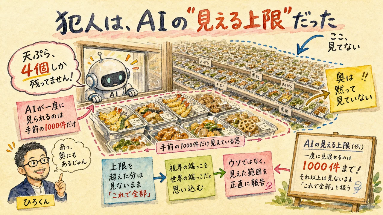 AIが一度に見られるのは手前の1000件だけで、惣菜屋の棚の奥に並んだ大量の商品（残りのデータ）を数えず「4個だけ」と報告してしまう様子を表したグラレコ