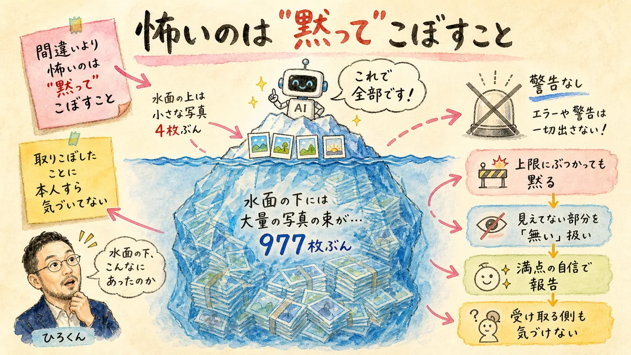 AIが氷山の一角だけ見て「これで全部です」と言い切り、水面下に隠れた大量の写真（取りこぼし）に警告も出さず黙っている様子を表したグラレコ