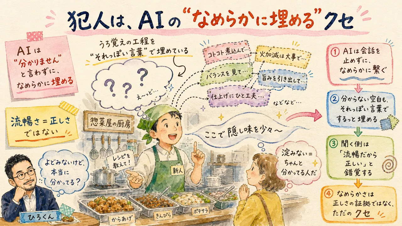 惣菜屋の新人がうろ覚えの工程をよどみなく喋り続け、頭の中の空白をそれっぽい言葉で埋めている様子で、AIが「分かりませんと言わずなめらかに埋める」クセを表したグラレコ