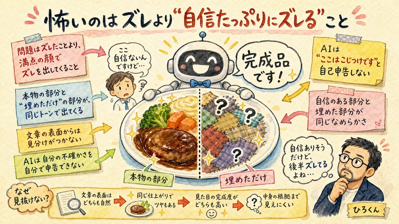 AIが満点の笑顔で差し出す一皿の半分は本物の具材、もう半分はつぎはぎで埋めただけなのに同じツヤで見分けがつかない様子で、AIが自信たっぷりにズレることを表したグラレコ
