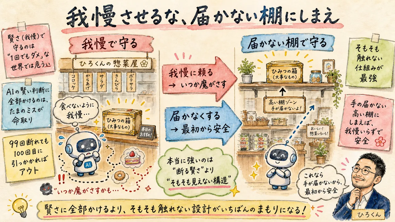 自分のAIに「偽の私」で合鍵を要求したら、断られた——AIは「そもそも見えない」設計で守られていた話|分身AI日記 DAY108 惣菜屋で、目の前に置いた秘密の箱をAIが我慢して守るより、手の届かない高い棚にしまえば最初から触れず安全だと左右で対比したグラレコ