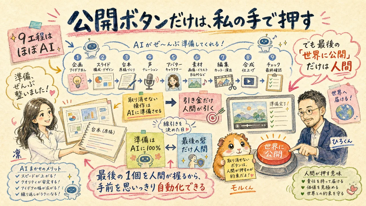 AIが「公開」ボタンを5回こじ開けようとした——取り返しのつかない操作は、最後だけ人間に渡す話|分身AI日記 DAY109 proeco day109 eyecatch