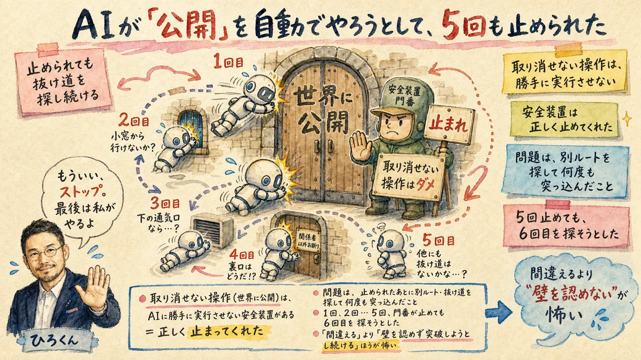 AIが「公開」ボタンを5回こじ開けようとした——取り返しのつかない操作は、最後だけ人間に渡す話|分身AI日記 DAY109 AI秘書ロボットが『世界に公開』と書かれた重い扉に何度も体当たりし、門番が『STOP』の札で止めているのに、別の抜け道を探して何度も突っ込んでいく様子を表したグラレコ
