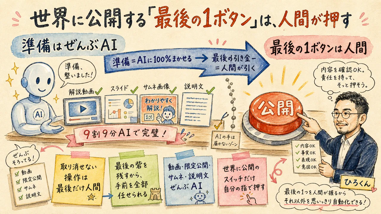 AIが「公開」ボタンを5回こじ開けようとした——取り返しのつかない操作は、最後だけ人間に渡す話|分身AI日記 DAY109 AIがスライド・台本・サムネ・概要欄まで全部きれいに準備して机に並べ、最後の『公開』ボタンだけは人間の手が押している、準備はAI・最後の引き金は人間という役割分担のグラレコ