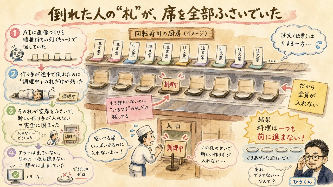 動いてるつもりで止まっていた──分身AIの自動化を「静かなエラー」から根治した話|分身AI日記 DAY117 回転寿司の厨房で、倒れたコックが残した『調理中』の札だけが席をふさいで料理が進まない様子の水彩イラスト