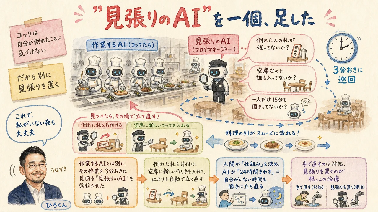 動いてるつもりで止まっていた──分身AIの自動化を「静かなエラー」から根治した話|分身AI日記 DAY117 厨房を3分おきに巡回する見張り役(見張りのAI)が、倒れた札を片付けて新しいコックを席に入れる水彩イラスト