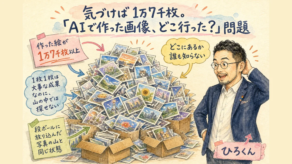 気づけば1万7千枚。AIで作った画像どこ行った問題のグラレコ。積み上がった画像の山に驚くひろくん