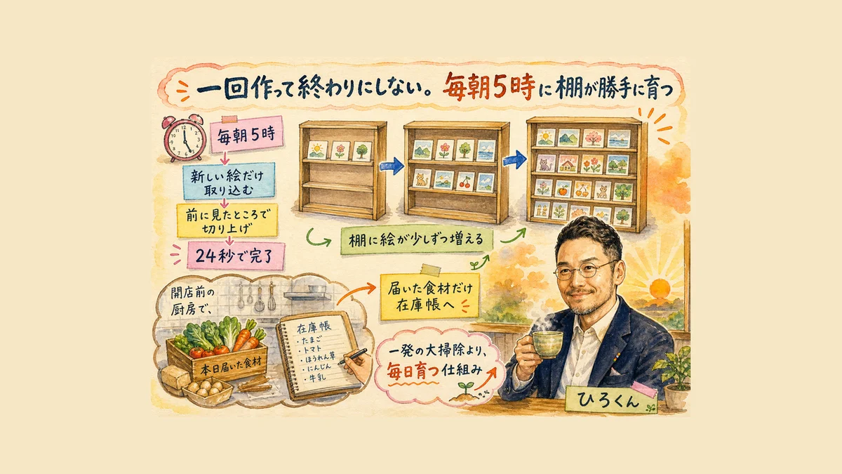 毎朝5時に棚が勝手に育つ自動更新の仕組みのグラレコ。朝日の中で見守るひろくん