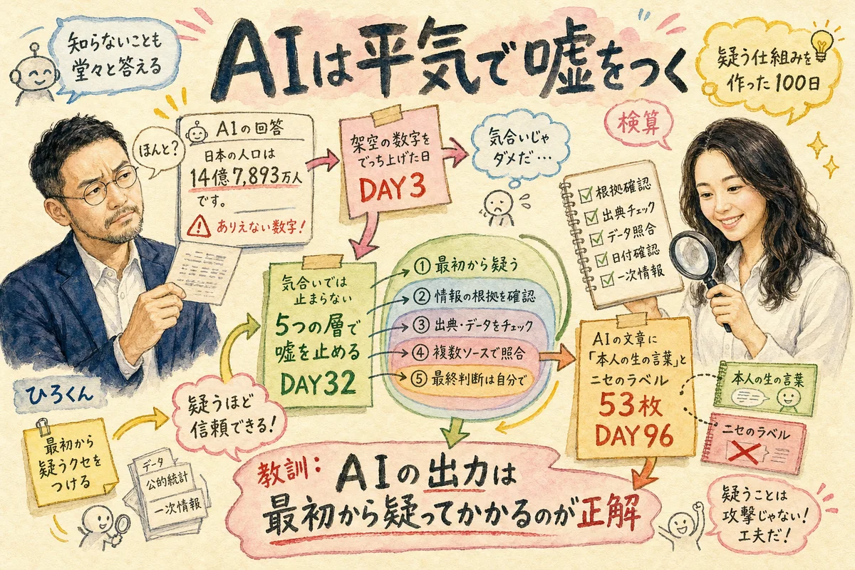 分身AIと歩んだ100日──AIに任せて転びながら学んだことの全まとめ AIは平気で嘘をつく——疑う仕組みを作った100日のグラレコ。AIの嘘の数字に首をかしげるひろくんと、検算する凛