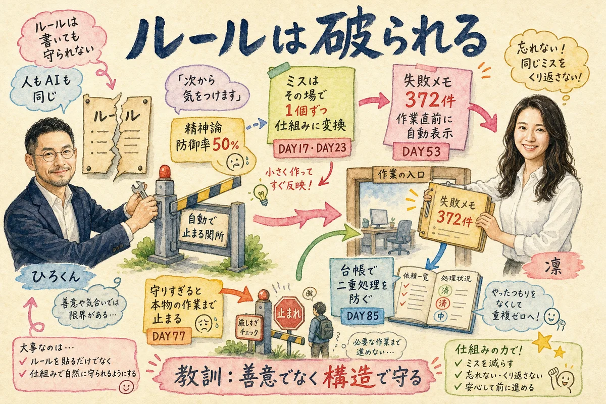 分身AIと歩んだ100日──AIに任せて転びながら学んだことの全まとめ ルールは破られる——書くから仕組みで塞ぐへのグラレコ。自動で止まる関所を設置するひろくんと、失敗メモを掲示する凛