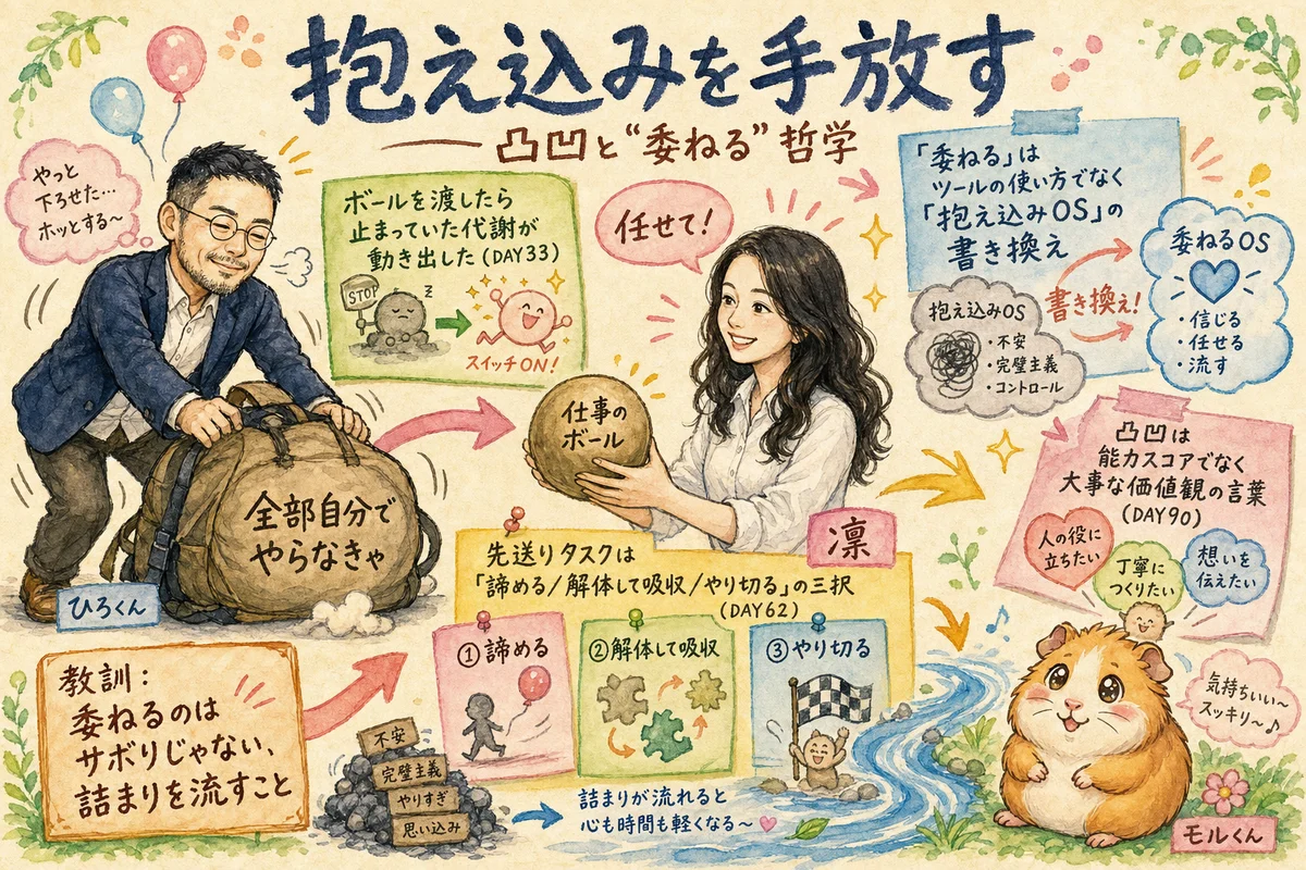 分身AIと歩んだ100日──AIに任せて転びながら学んだことの全まとめ 抱え込みを手放す——凸凹と委ねる哲学のグラレコ。重い荷物を下ろすひろくん、ボールを受け取る凛、川のそばのモルくん