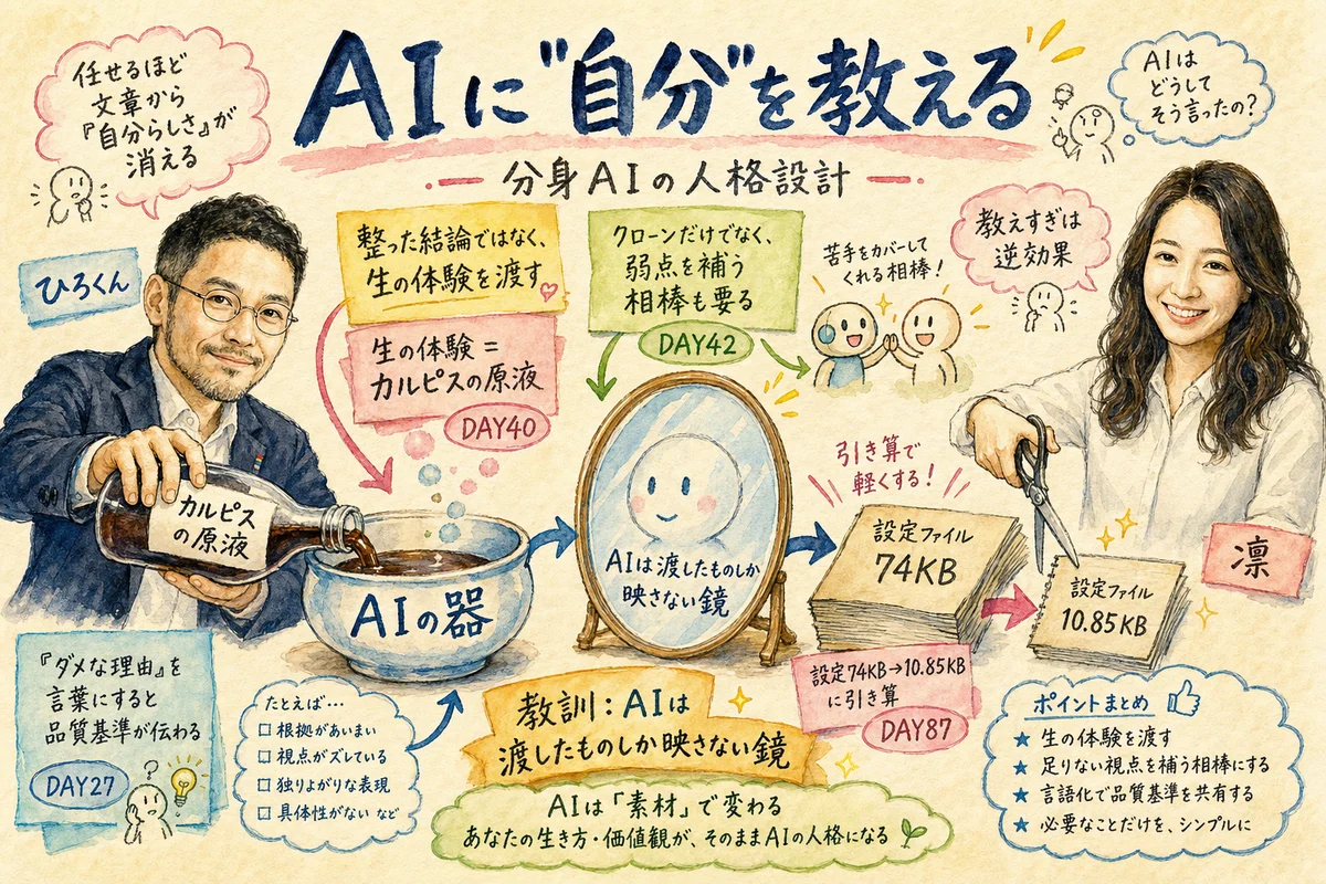 分身AIと歩んだ100日──AIに任せて転びながら学んだことの全まとめ AIに自分を教える——分身AIの人格設計のグラレコ。カルピスの原液を注ぐひろくんと、設定ファイルを引き算する凛