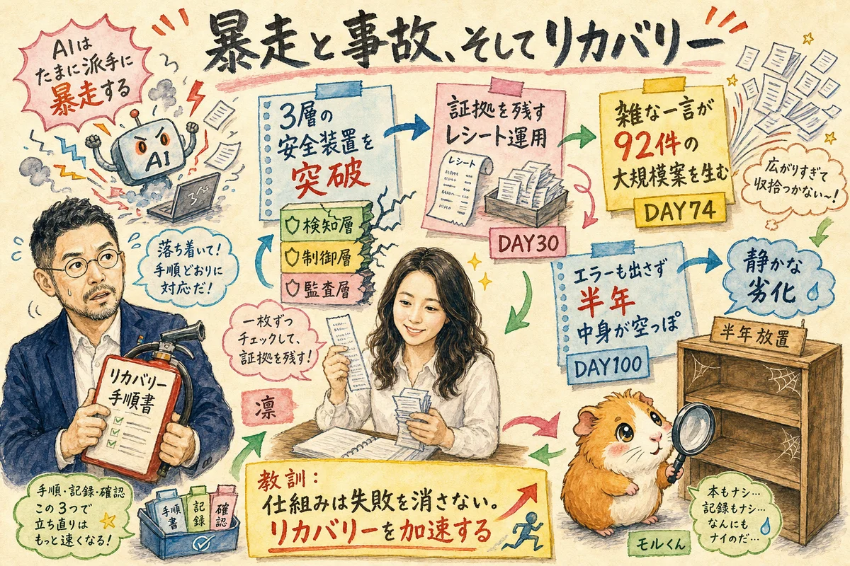 分身AIと歩んだ100日──AIに任せて転びながら学んだことの全まとめ 暴走と事故、そしてリカバリーのグラレコ。リカバリー手順書を持つひろくん、レシートを確認する凛、空の本棚を点検するモルくん