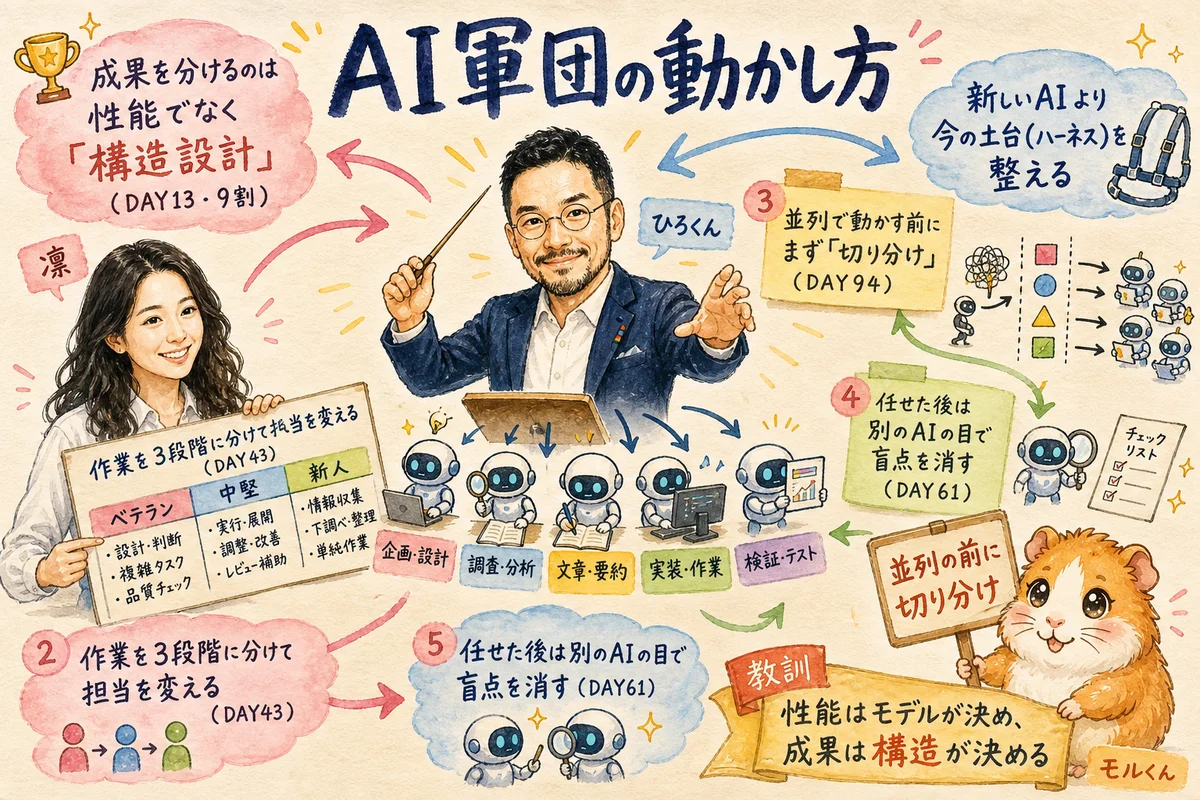 分身AIと歩んだ100日──AIに任せて転びながら学んだことの全まとめ AI軍団の動かし方——性能より構造設計のグラレコ。AIたちに役割を切り分けるひろくん、3段階に振り分ける凛、切り分けを掲げるモルくん