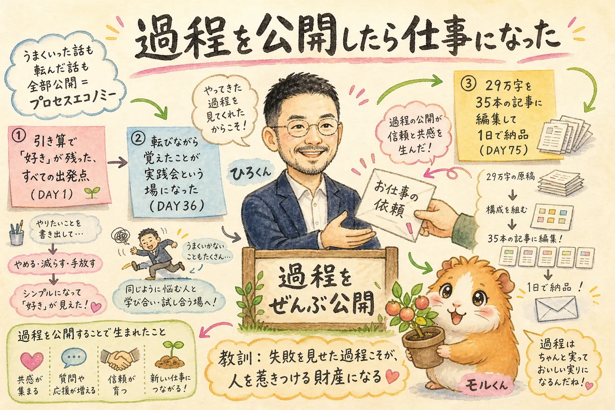 分身AIと歩んだ100日──AIに任せて転びながら学んだことの全まとめ 過程を公開したら仕事になったグラレコ。仕事の依頼を笑顔で受け取るひろくんと、実った鉢植えを抱えるモルくん