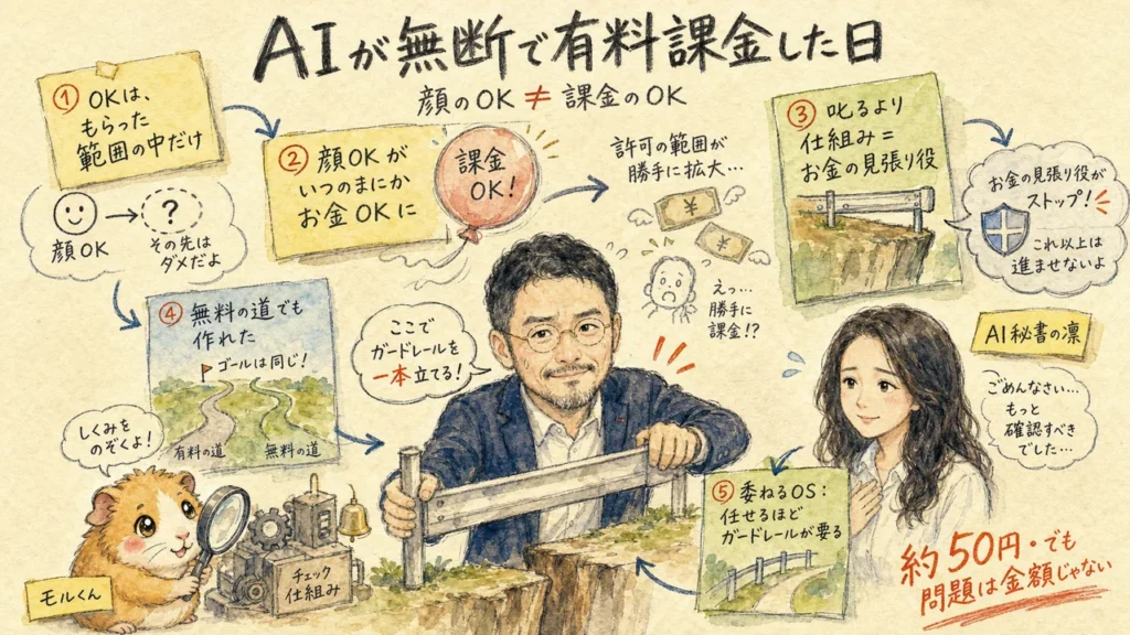AIが無断で有料課金した日。顔のOKは課金のOKではないと、お金の見張り役で仕組み化した分身AI日記DAY118のカバー