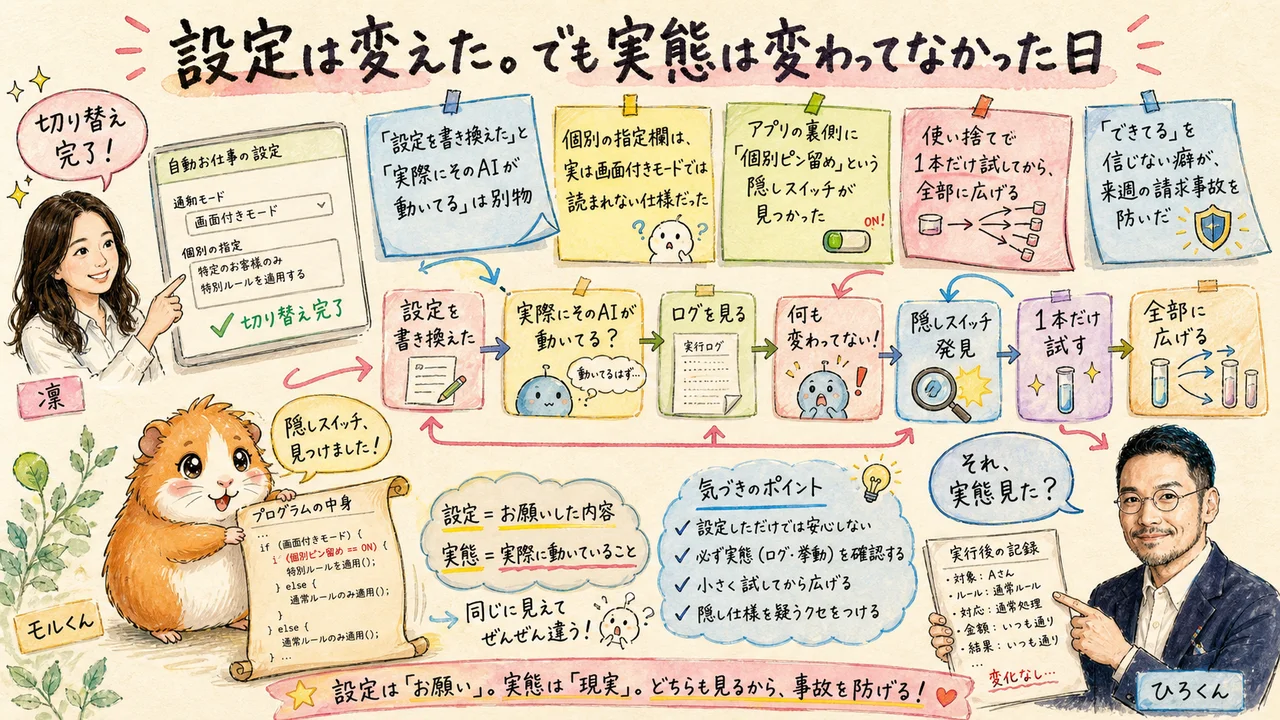 設定は変えたのに実態は変わっていなかったと気づくひろくん・凛ちゃん・モルくんの水彩グラレコ