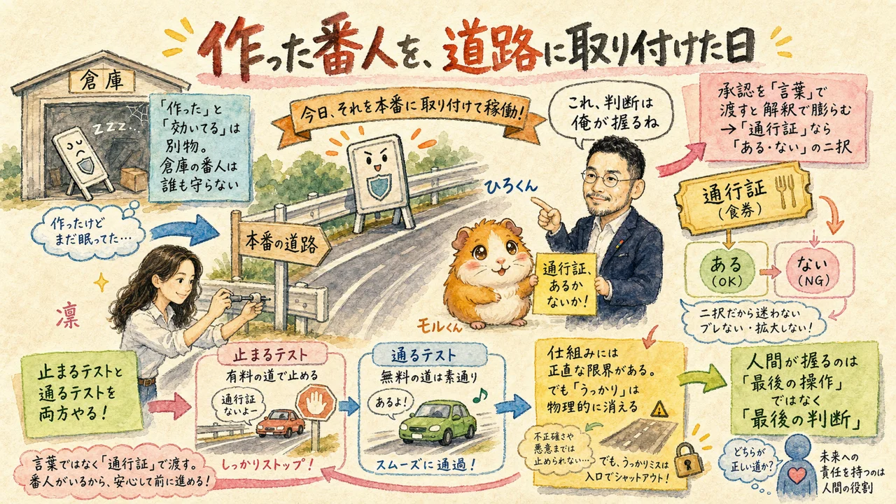 AIの「ガードレール」は作っただけでは効かない——承認を「言葉」から「通行証」に変えた話|分身AI日記 DAY119 作った番人(ガードレール)を道路に取り付けるひろくん・凛ちゃん・モルくんの水彩グラレコ