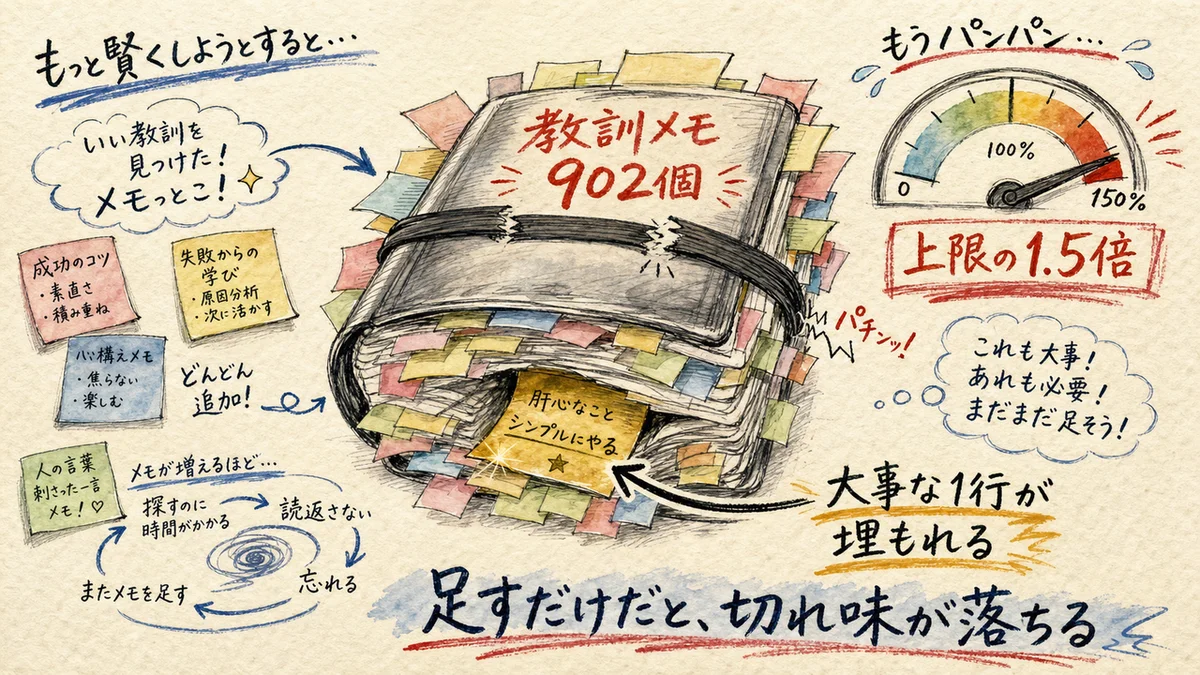 付箋が大量にはみ出してパンパンに膨らんだ分厚いノートと振り切れたメーターの水彩イラスト