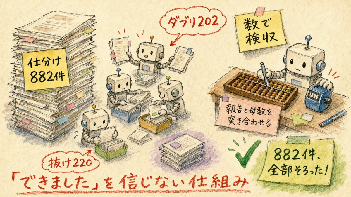 仕分けロボットチームのダブりと抜けを、検品台の数の突き合わせで見つける水彩イラスト
