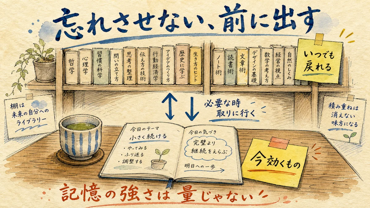 机の上には今効く1冊、本棚にはいつでも戻れる本が並ぶ記憶整理の水彩イラスト