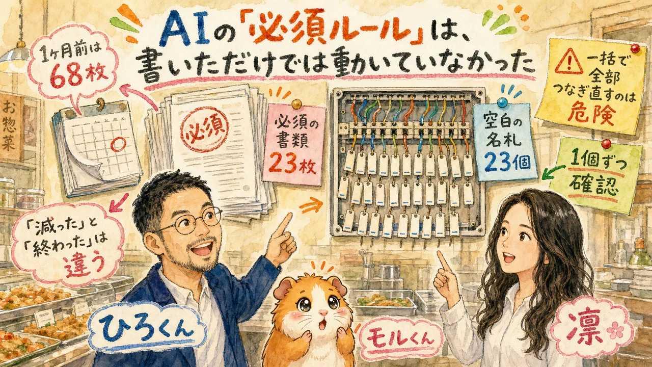 AIの必須ルールは書いただけでは動いていなかった 惣菜屋の厨房で必須の書類23枚と空白の名札23個を見つけるひろくんと凛とモルくんの水彩イラスト