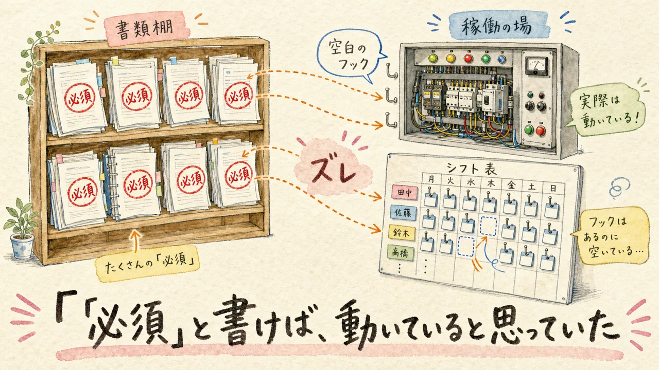 必須の判子が押された書類棚と空白の名札フックがある配線盤の水彩イラスト