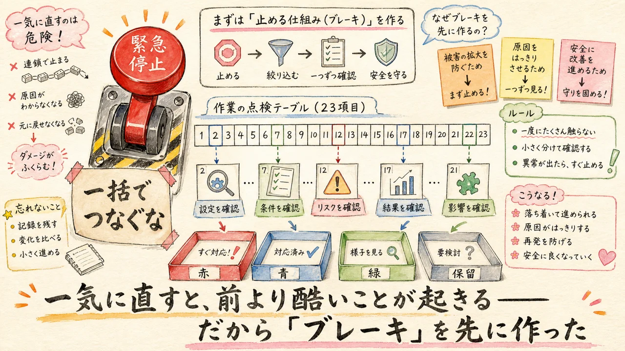 緊急停止ボタンと23項目の点検テーブルを1つずつ仕分けする水彩イラスト