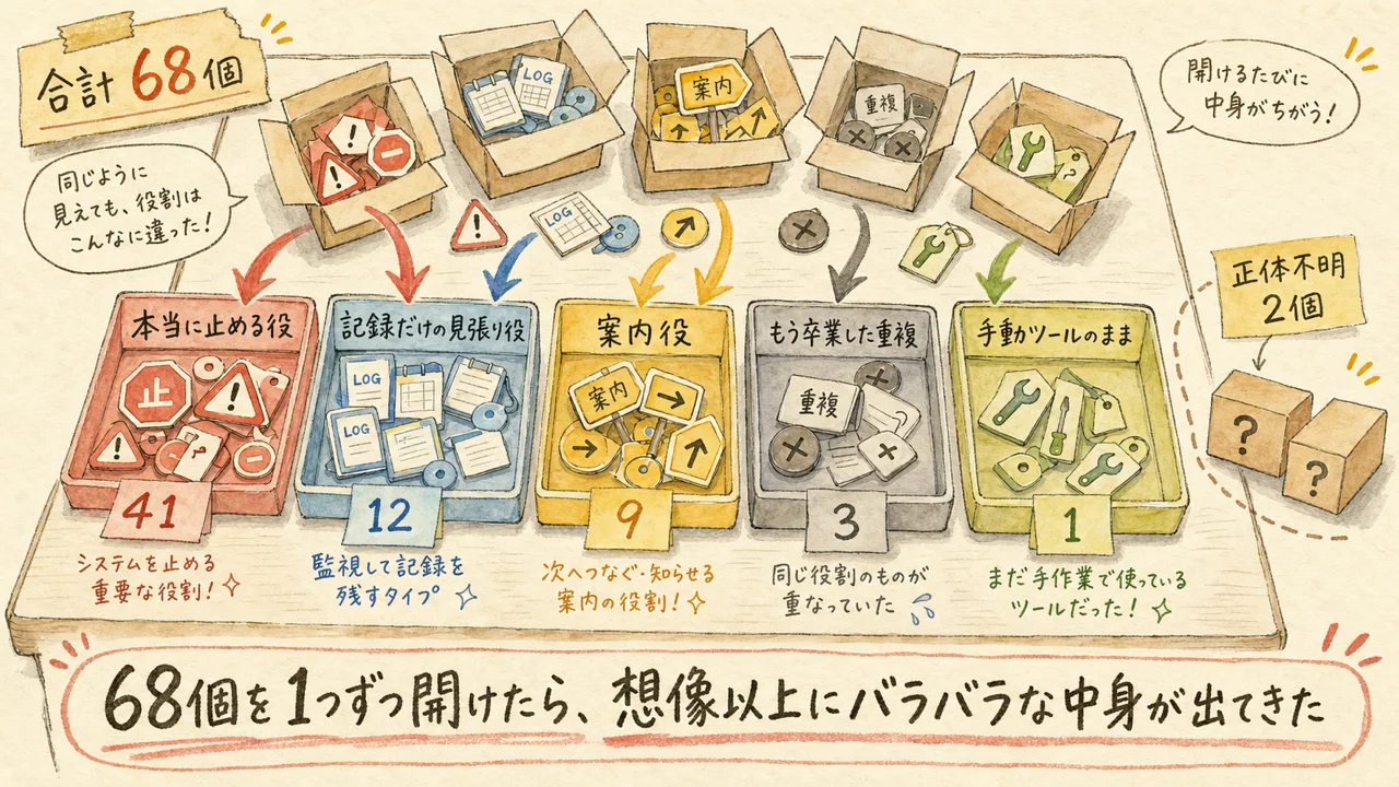 68個を5つのトレイに仕分けした検品台の水彩イラスト