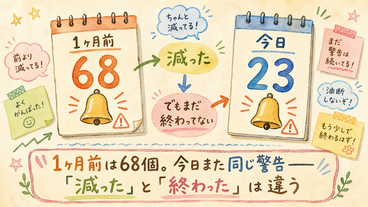 1ヶ月前は68今日は23の警告ベルが鳴るカレンダー2枚の水彩イラスト