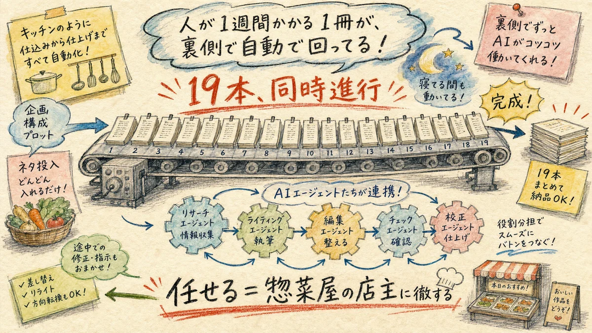 19本の原稿が同時に流れるベルトコンベアと連なる歯車の水彩イラスト