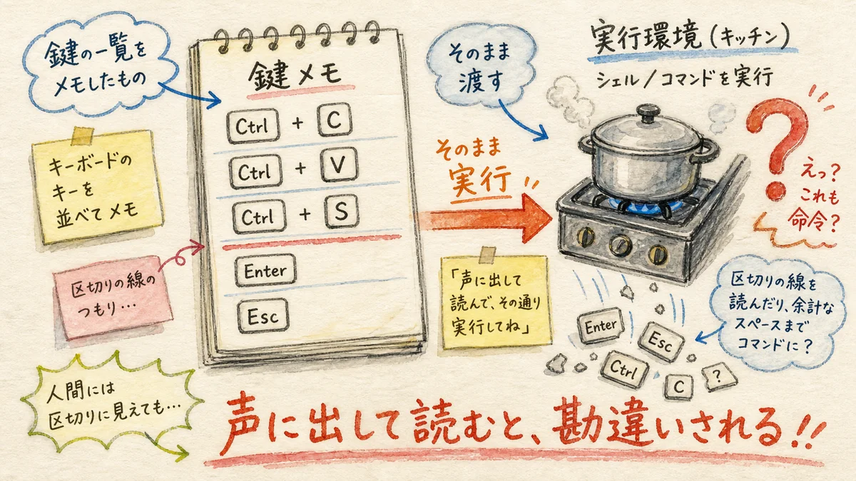 鍵のメモ帳をそのまま実行に渡してしまい、こぼれ落ちる鍵のかけらの水彩イラスト