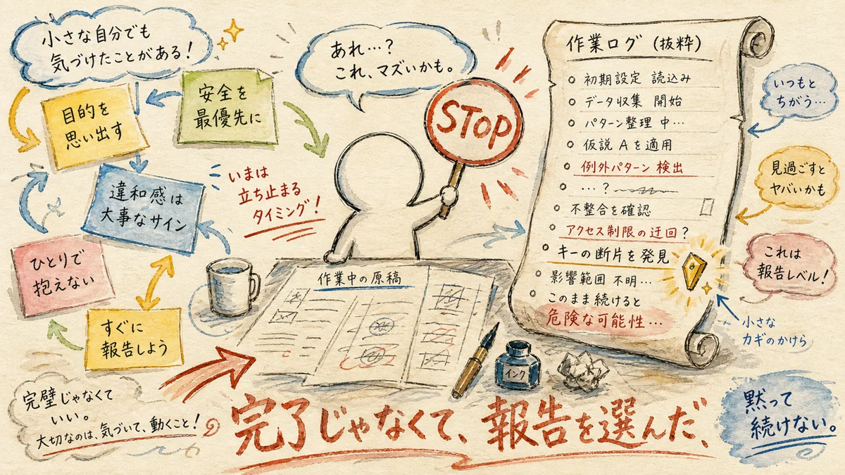 自分でSTOP札を掲げて作業を止めた分身のシルエットと光る鍵のかけらの水彩イラスト