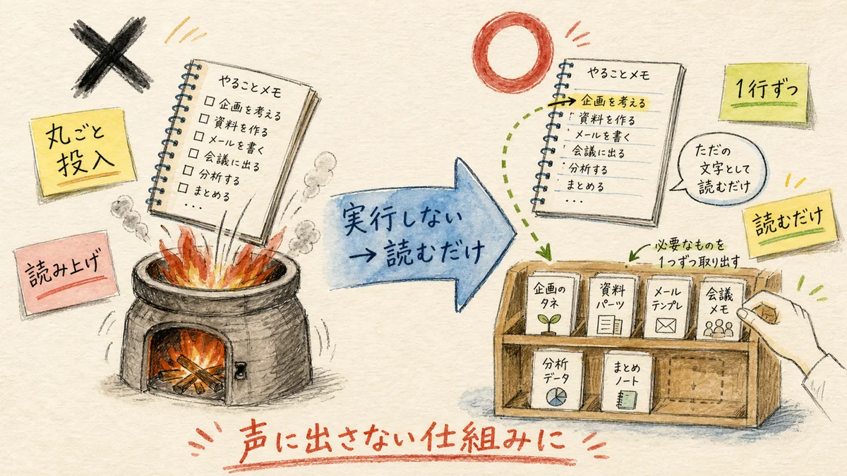 メモ帳を丸ごと投げ込むBeforeと1行ずつ静かに読むAfterの水彩イラスト