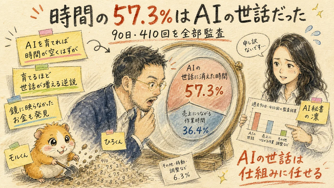 AI自動化するほど時間が消える逆説——90日監査で分かった57.3%の内訳|分身AI日記 DAY124 day123 cover 1