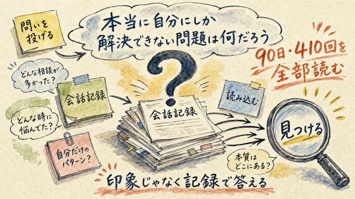 AI自動化するほど時間が消える逆説——90日監査で分かった57.3%の内訳|分身AI日記 DAY124 本当に自分にしか解決できない問題は何かをAIに問いかけ90日410回分の会話記録を読み込む水彩イラスト