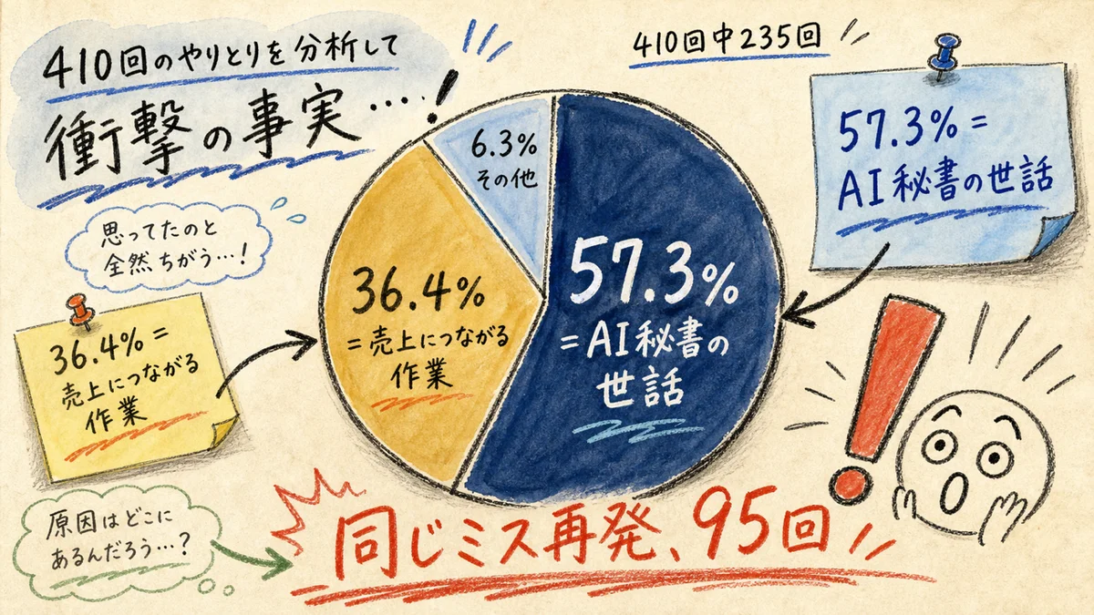 AI自動化するほど時間が消える逆説——90日監査で分かった57.3%の内訳|分身AI日記 DAY124 410回のやりとりのうち57.3%がAI秘書の世話36.4%が売上作業だったと円グラフで示す水彩イラスト