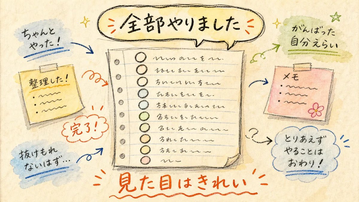 チェックリストの全項目に◯がつき「全部やりました」の吹き出しが出る水彩イラスト
