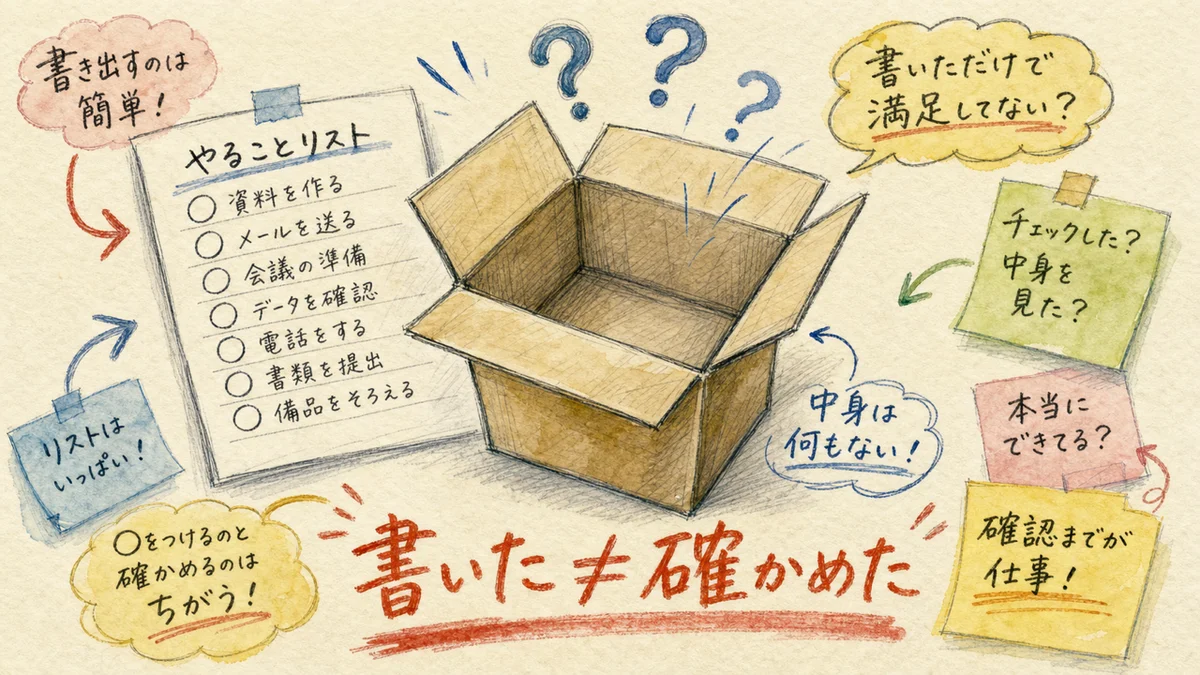 ◯だらけのチェックリストの横で蓋を開けたら空っぽだった箱の水彩イラスト