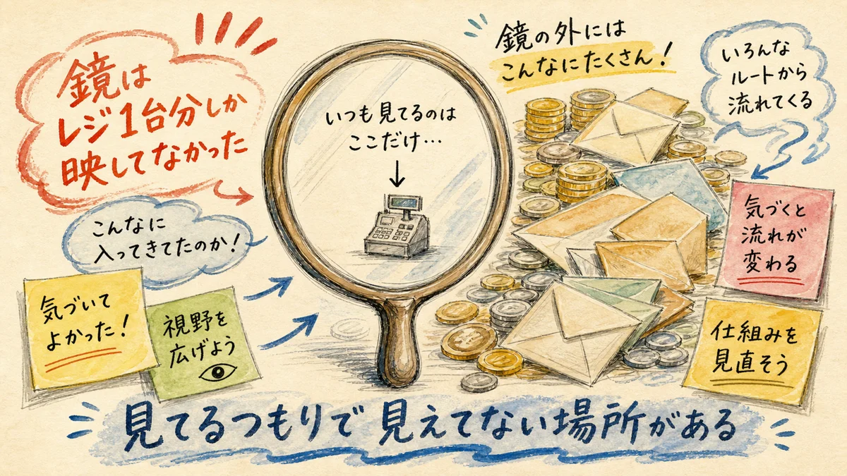 AI自動化するほど時間が消える逆説——90日監査で分かった57.3%の内訳|分身AI日記 DAY124 手鏡にはレジ1台分しか映っておらず鏡の外に見えていなかったお金が広がっている水彩イラスト