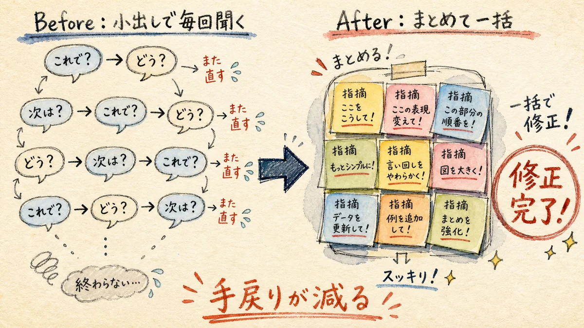小出しに直して毎回聞くBeforeと指摘を全部集めて一括で直すAfterの水彩イラスト
