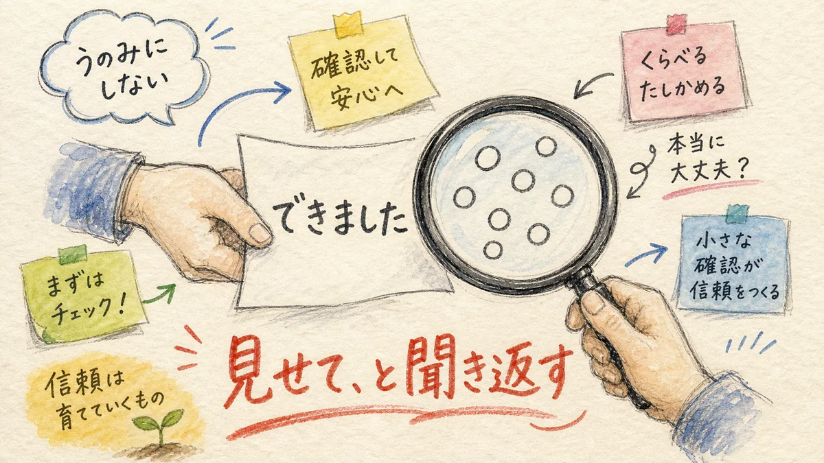 「できました」の紙を差し出す手と虫眼鏡で確かめる手の水彩イラスト