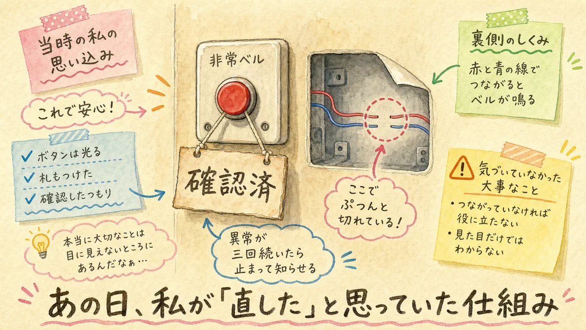 非常ベルのスイッチにOKの札がかかっているが配線が途中で切れている水彩イラスト