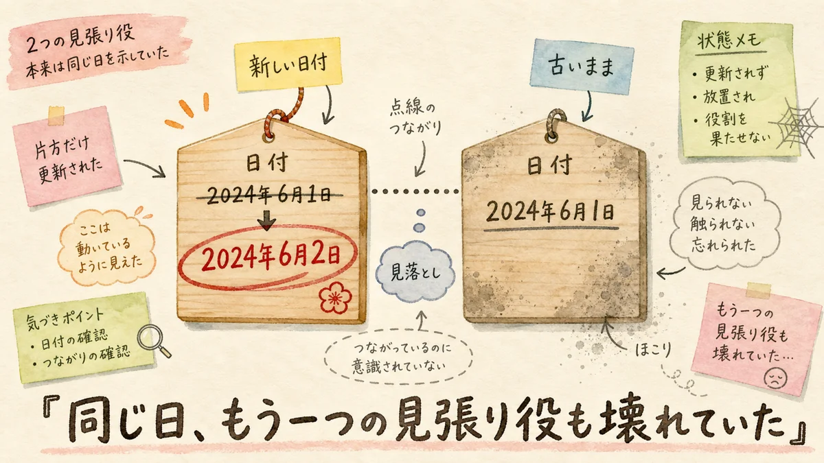 同じ日付の札のうち片方だけ新しい日付に書き換えられもう片方は古いまま置き去りの水彩イラスト