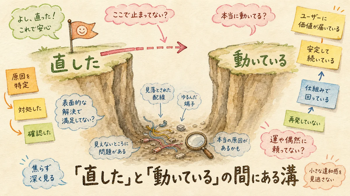 直したと書かれた岸と動いていると書かれた岸の間に橋のかかっていない溝がある水彩イラスト