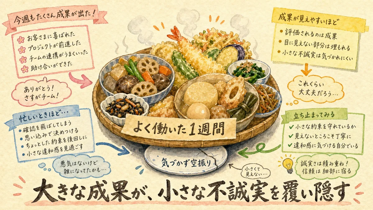 山盛りの和惣菜の下にヒビの入った小さなお皿が隠れている水彩イラスト