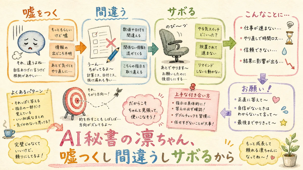 疲れた吹き出しマークとサボっている空っぽの椅子と的から外れた矢印の水彩イラスト