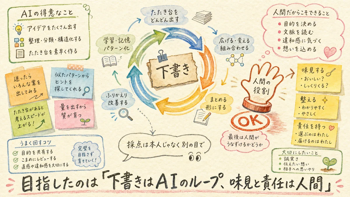ぐるぐる回るループの輪の中に下書きの札があり外側から人間の手のスタンプでOKを押している水彩イラスト